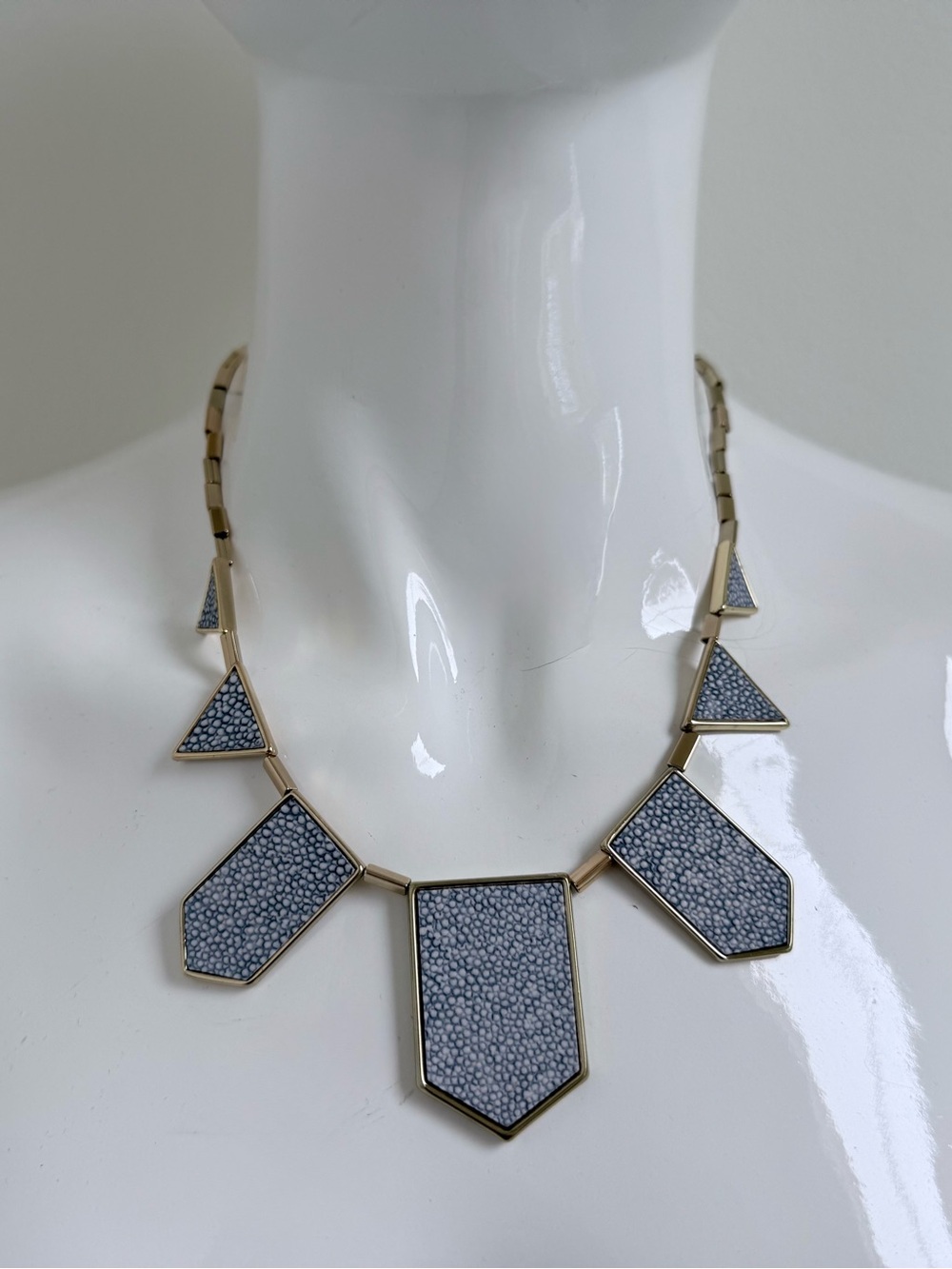 HOUSE OF HARLOW 1960 Gold Plate & Light Blue Leather Five Station Necklace